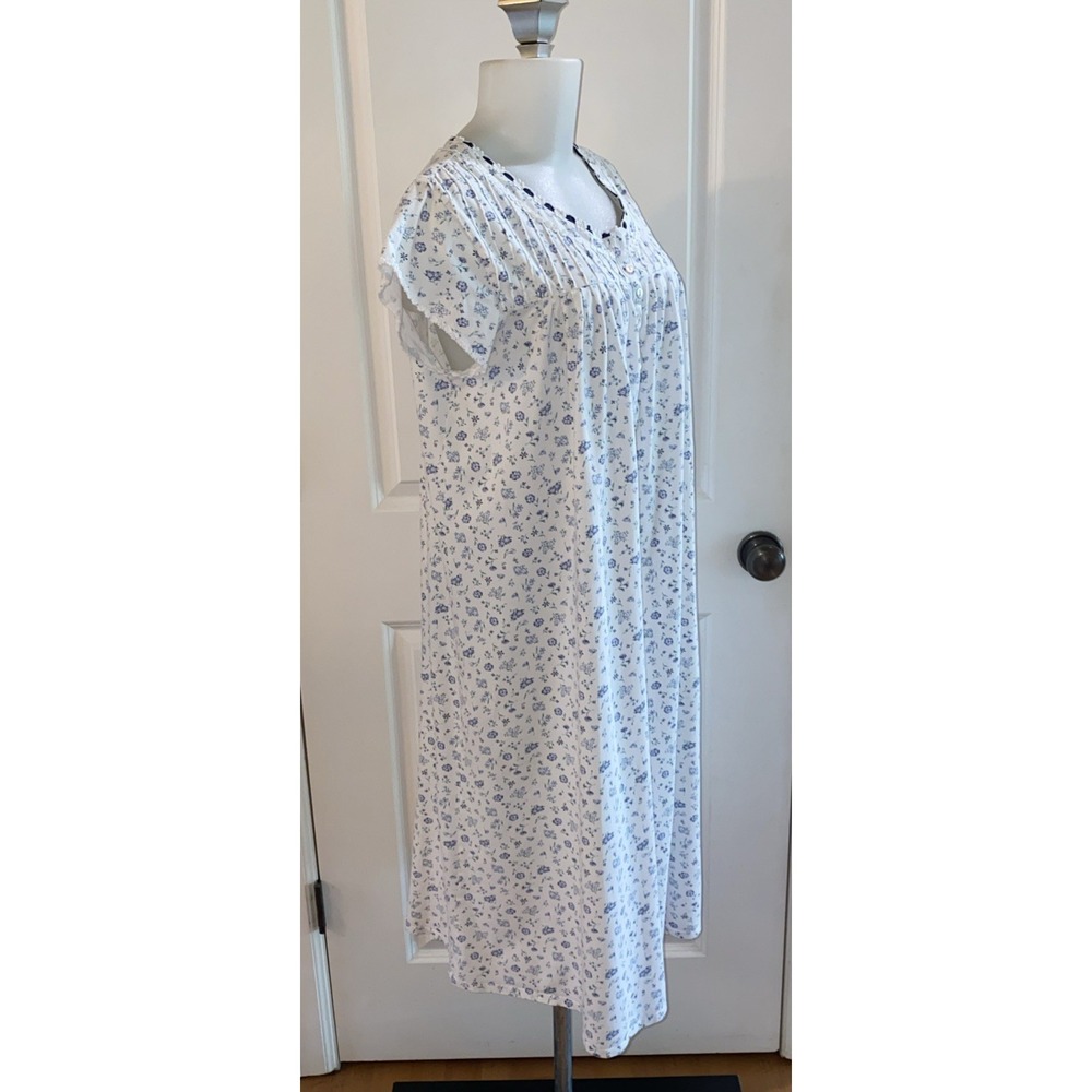 Eileen West Nightgown Size M Blue Floral Short Sleeve Lace Trim Button Front - Picture 3 of 11